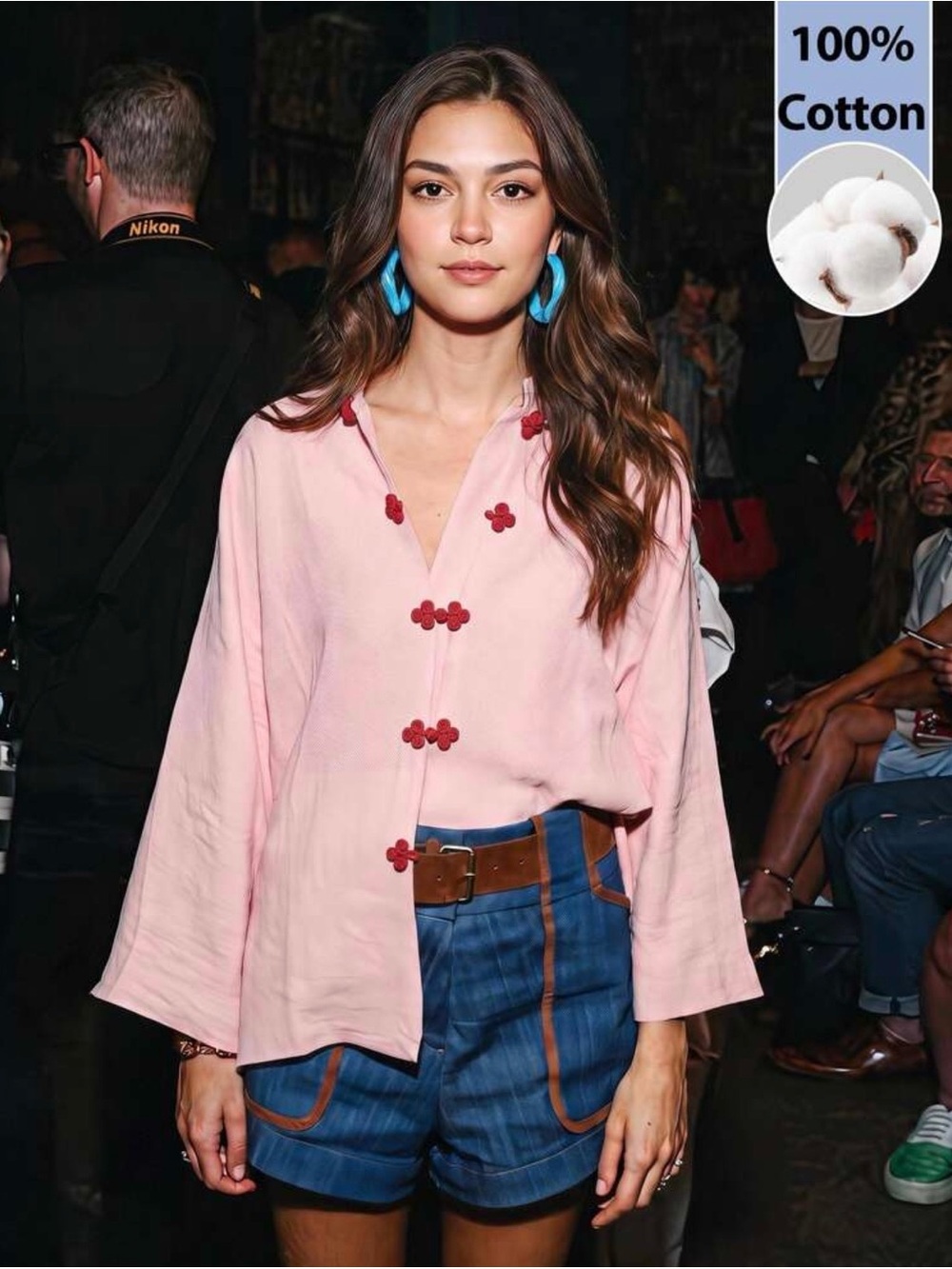 Women's Pink Cotton Button-Front Blouse with Red Floral Buttons
